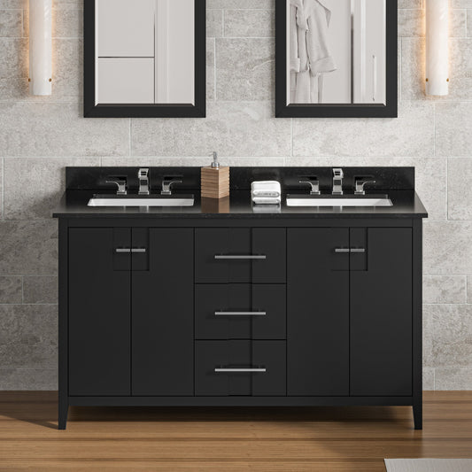 Hardware Resources Jeffrey Alexander Katara 60" Black Freestanding Vanity With Double Bowl, Black Granite Vanity Top, Backsplash and Rectangle Undermount Sink