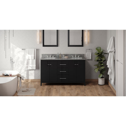 Hardware Resources Jeffrey Alexander Katara 60" Black Freestanding Vanity With Double Bowl, Boulder Cultured Marble Vanity Top, Backsplash and Rectangle Undermount Sink