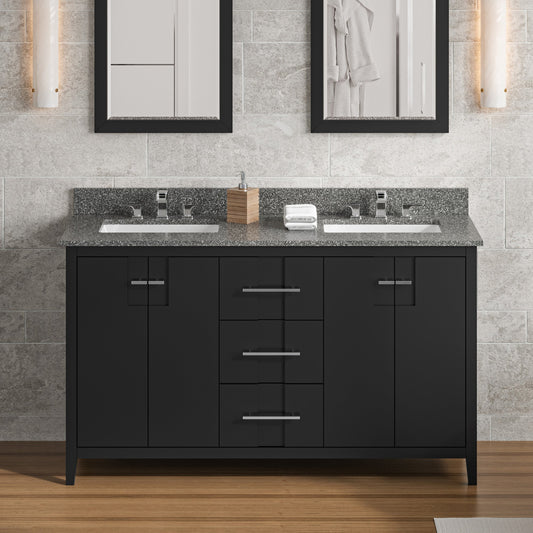 Hardware Resources Jeffrey Alexander Katara 60" Black Freestanding Vanity With Double Bowl, Boulder Cultured Marble Vanity Top, Backsplash and Rectangle Undermount Sink