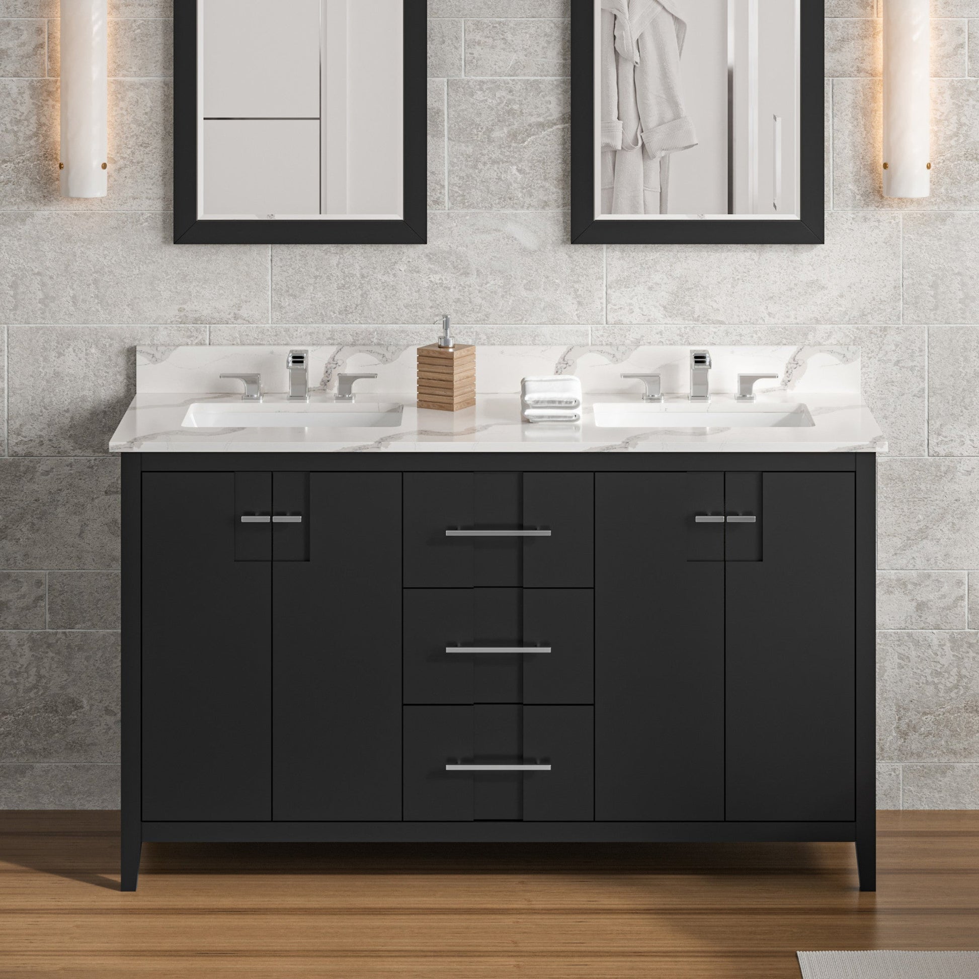 Hardware Resources Jeffrey Alexander Katara 60" Black Freestanding Vanity With Double Bowl, Calacatta Vienna Quartz Vanity Top, Backsplash and Rectangle Undermount Sink