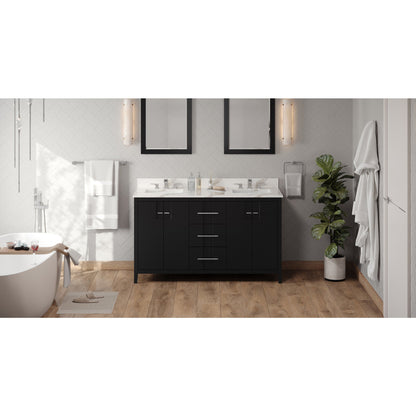 Hardware Resources Jeffrey Alexander Katara 60" Black Freestanding Vanity With Double Bowl, Calacatta Vienna Quartz Vanity Top, Backsplash and Rectangle Undermount Sink