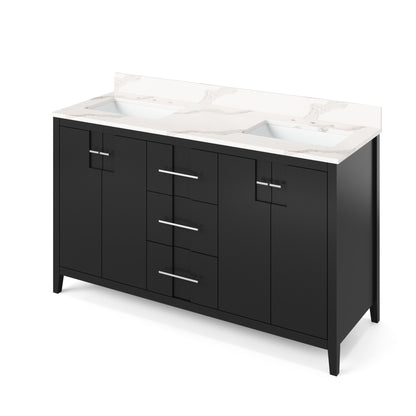 Hardware Resources Jeffrey Alexander Katara 60" Black Freestanding Vanity With Double Bowl, Calacatta Vienna Quartz Vanity Top, Backsplash and Rectangle Undermount Sink