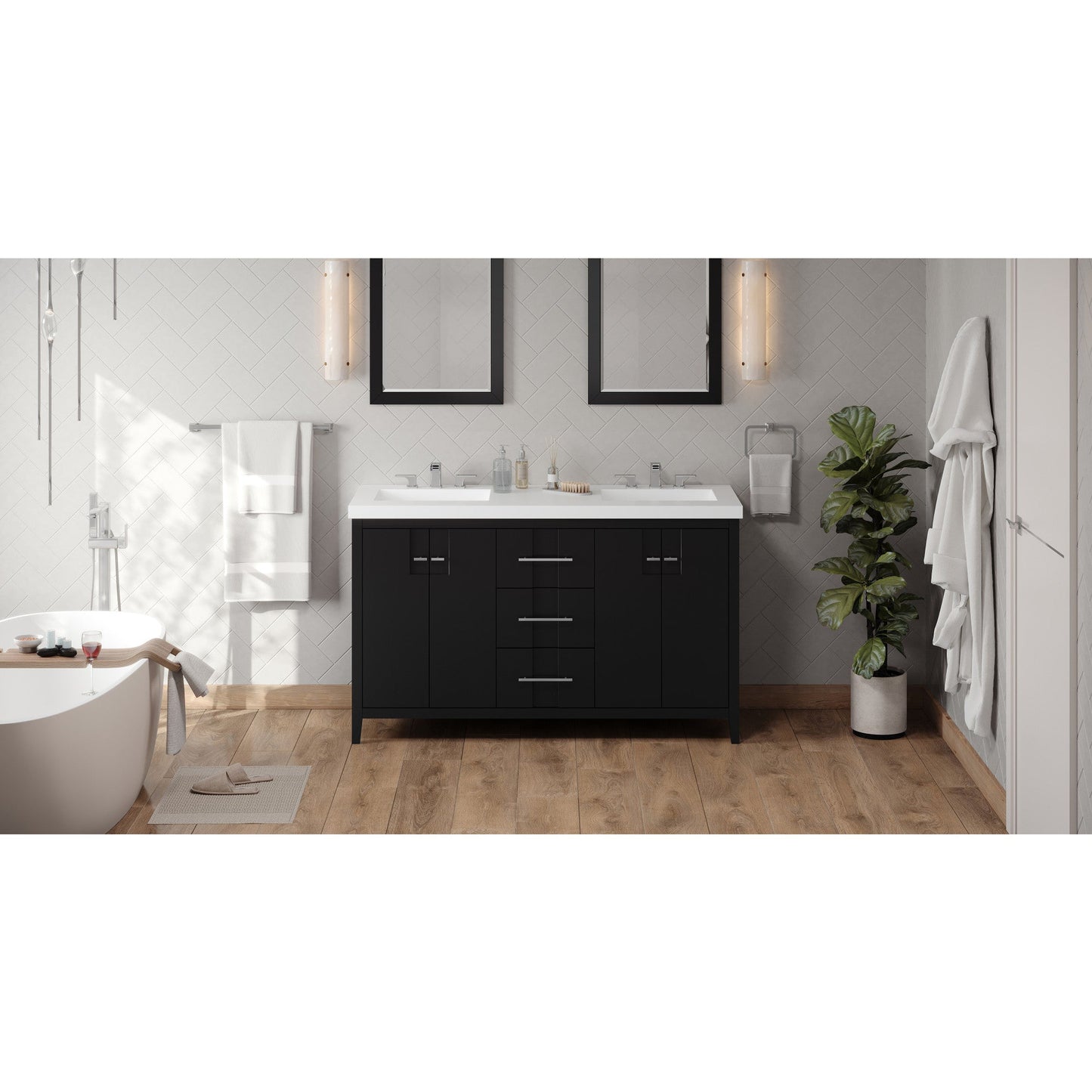 Hardware Resources Jeffrey Alexander Katara 60" Black Freestanding Vanity With Double Bowl, Lavante Cultured Marble Vessel Vanity Top, Backsplash and Rectangle Undermount Sink