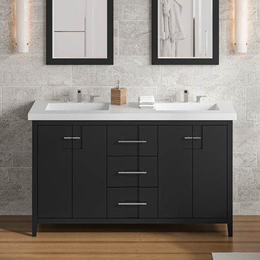 Hardware Resources Jeffrey Alexander Katara 60" Black Freestanding Vanity With Double Bowl, Lavante Cultured Marble Vessel Vanity Top, Backsplash and Rectangle Undermount Sink