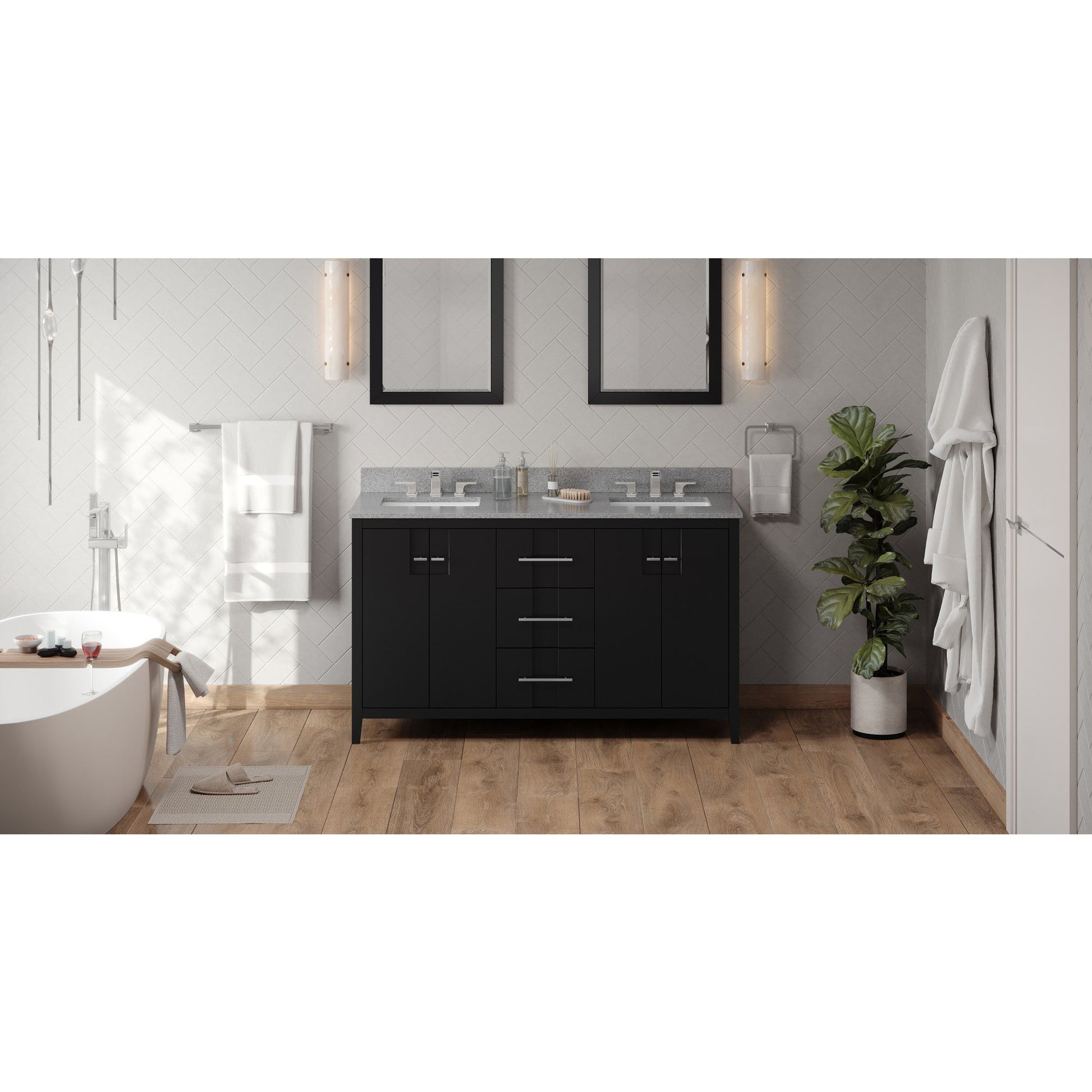 Hardware Resources Jeffrey Alexander Katara 60" Black Freestanding Vanity With Double Bowl, Steel Gray Cultured Marble Vanity Top, Backsplash and Rectangle Undermount Sink