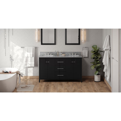 Hardware Resources Jeffrey Alexander Katara 60" Black Freestanding Vanity With Double Bowl, Steel Gray Cultured Marble Vanity Top, Backsplash and Rectangle Undermount Sink