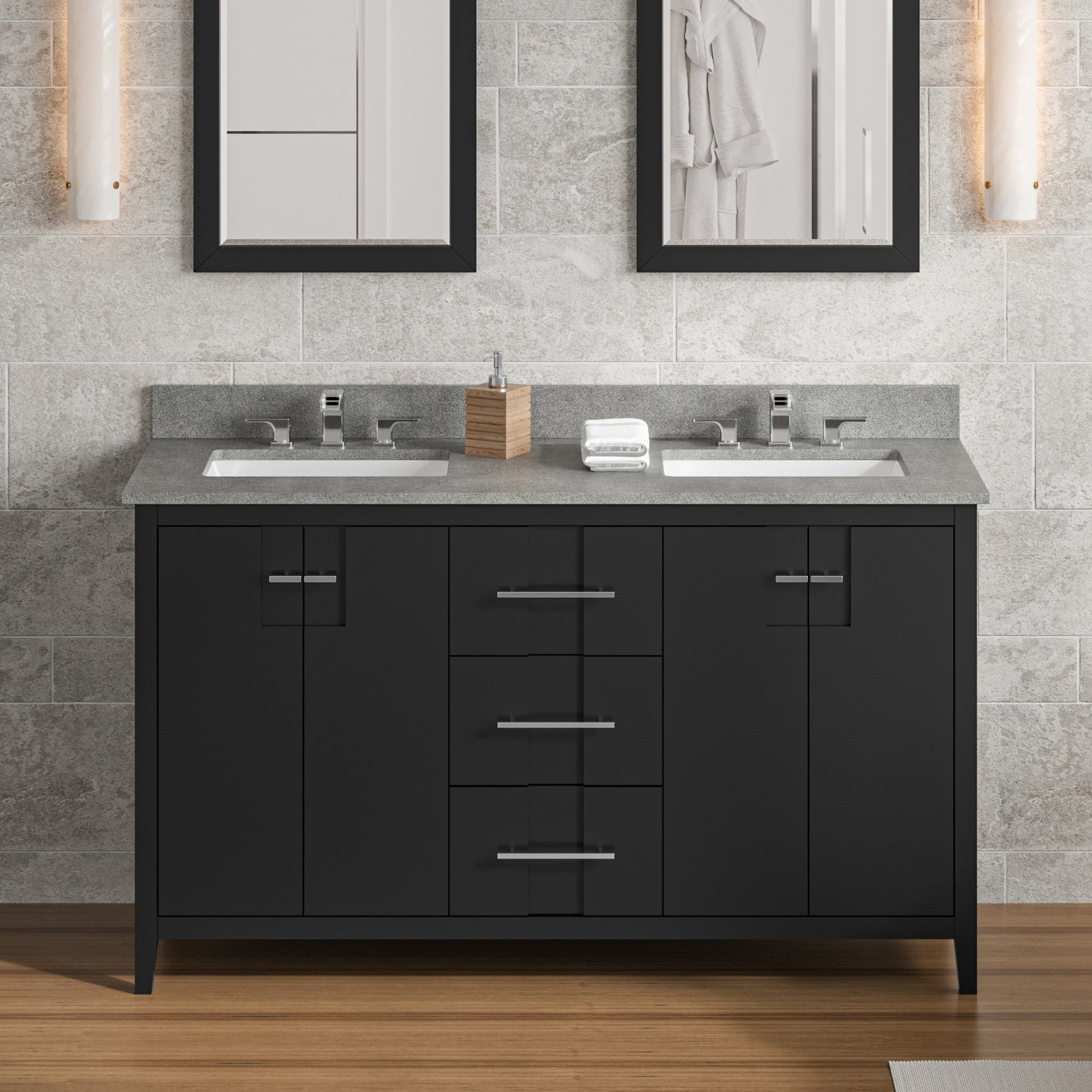 Hardware Resources Jeffrey Alexander Katara 60" Black Freestanding Vanity With Double Bowl, Steel Gray Cultured Marble Vanity Top, Backsplash and Rectangle Undermount Sink