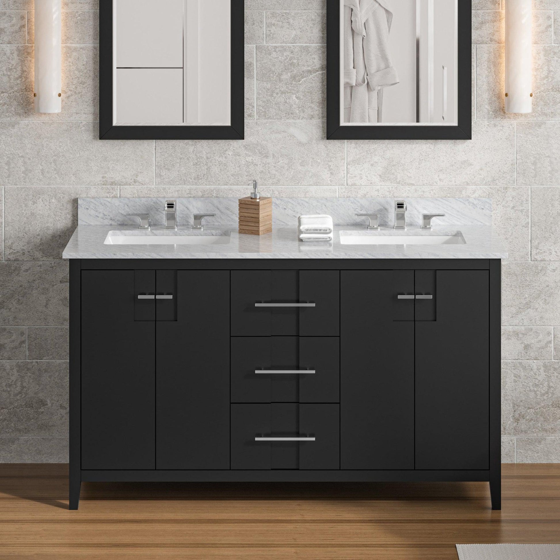 Hardware Resources Jeffrey Alexander Katara 60" Black Freestanding Vanity With Double Bowl, White Carrara Marble Vanity Top, Backsplash and Rectangle Undermount Sink