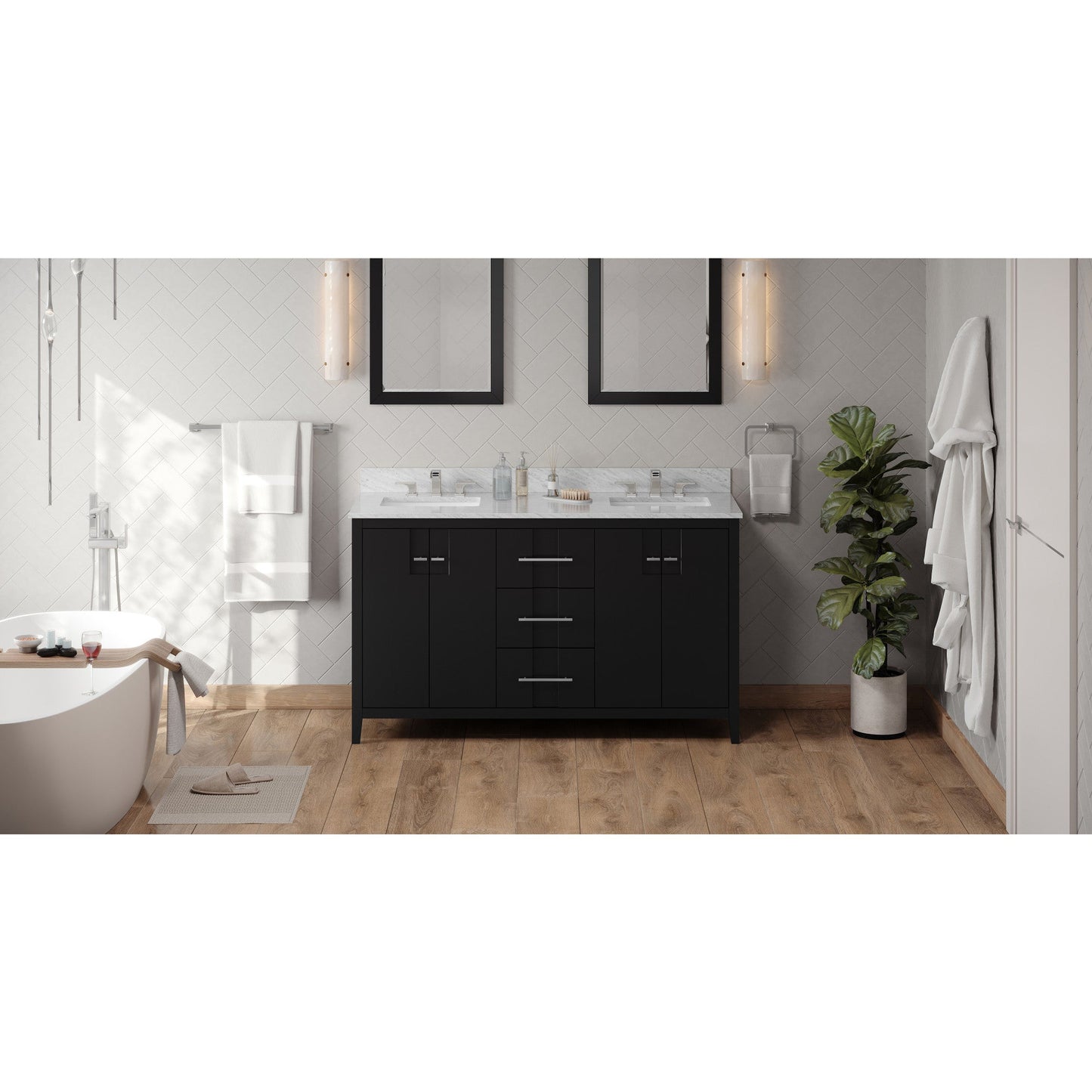 Hardware Resources Jeffrey Alexander Katara 60" Black Freestanding Vanity With Double Bowl, White Carrara Marble Vanity Top, Backsplash and Rectangle Undermount Sink