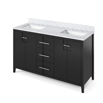 Hardware Resources Jeffrey Alexander Katara 60" Black Freestanding Vanity With Double Bowl, White Carrara Marble Vanity Top, Backsplash and Rectangle Undermount Sink