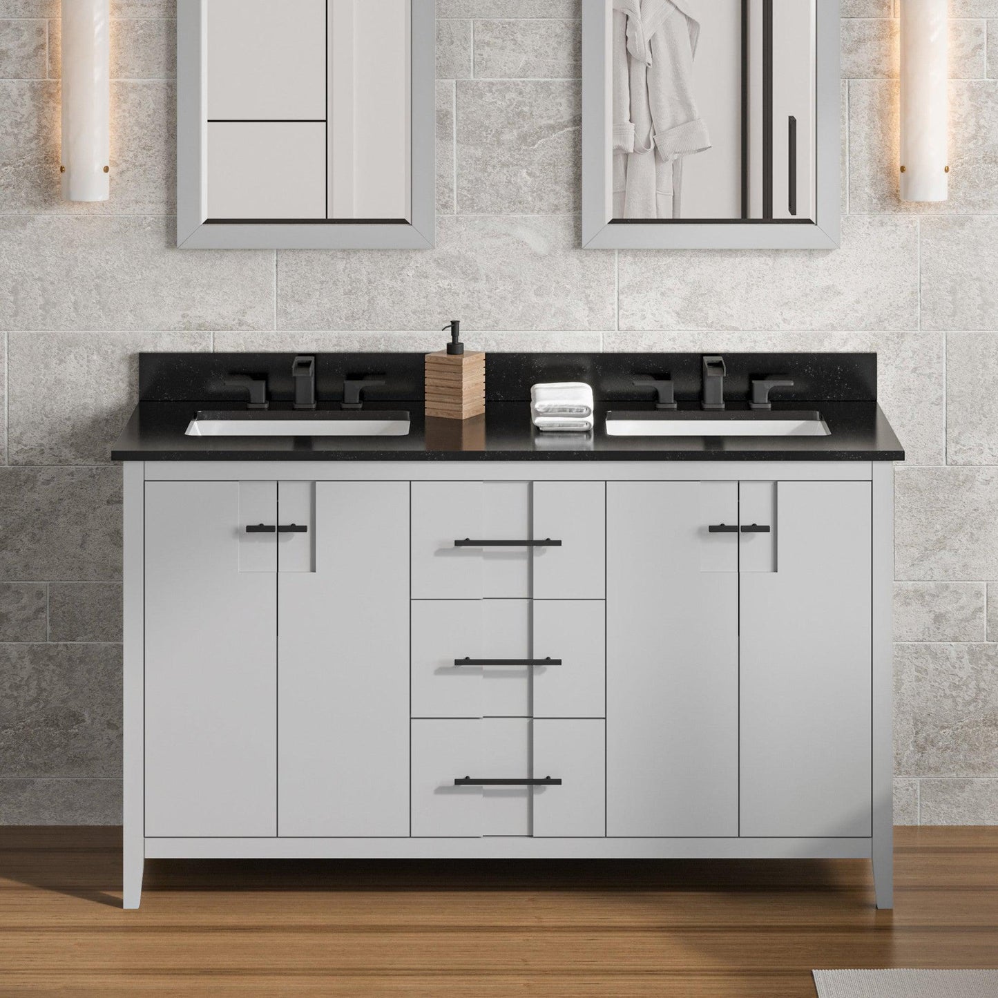 Hardware Resources Jeffrey Alexander Katara 60" Grey Freestanding Vanity With Double Bowl, Black Granite Vanity Top, Backsplash and Rectangle Undermount Sink