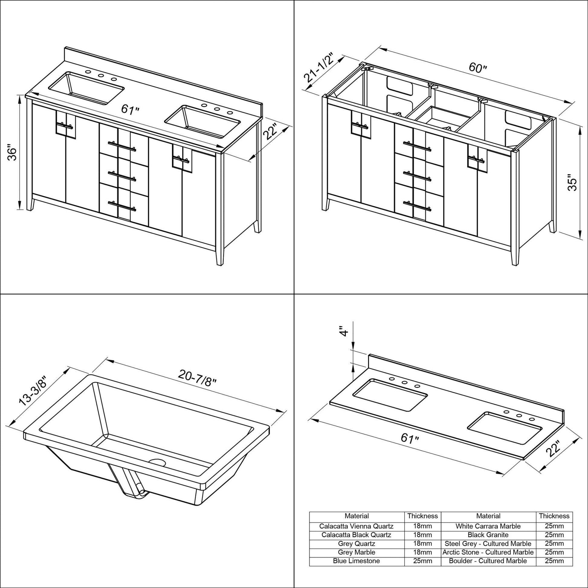 Hardware Resources Jeffrey Alexander Katara 60" Grey Freestanding Vanity With Double Bowl, Boulder Cultured Marble Vanity Top, Backsplash and Rectangle Undermount Sink