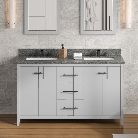 Hardware Resources Jeffrey Alexander Katara 60" Grey Freestanding Vanity With Double Bowl, Boulder Cultured Marble Vanity Top, Backsplash and Rectangle Undermount Sink