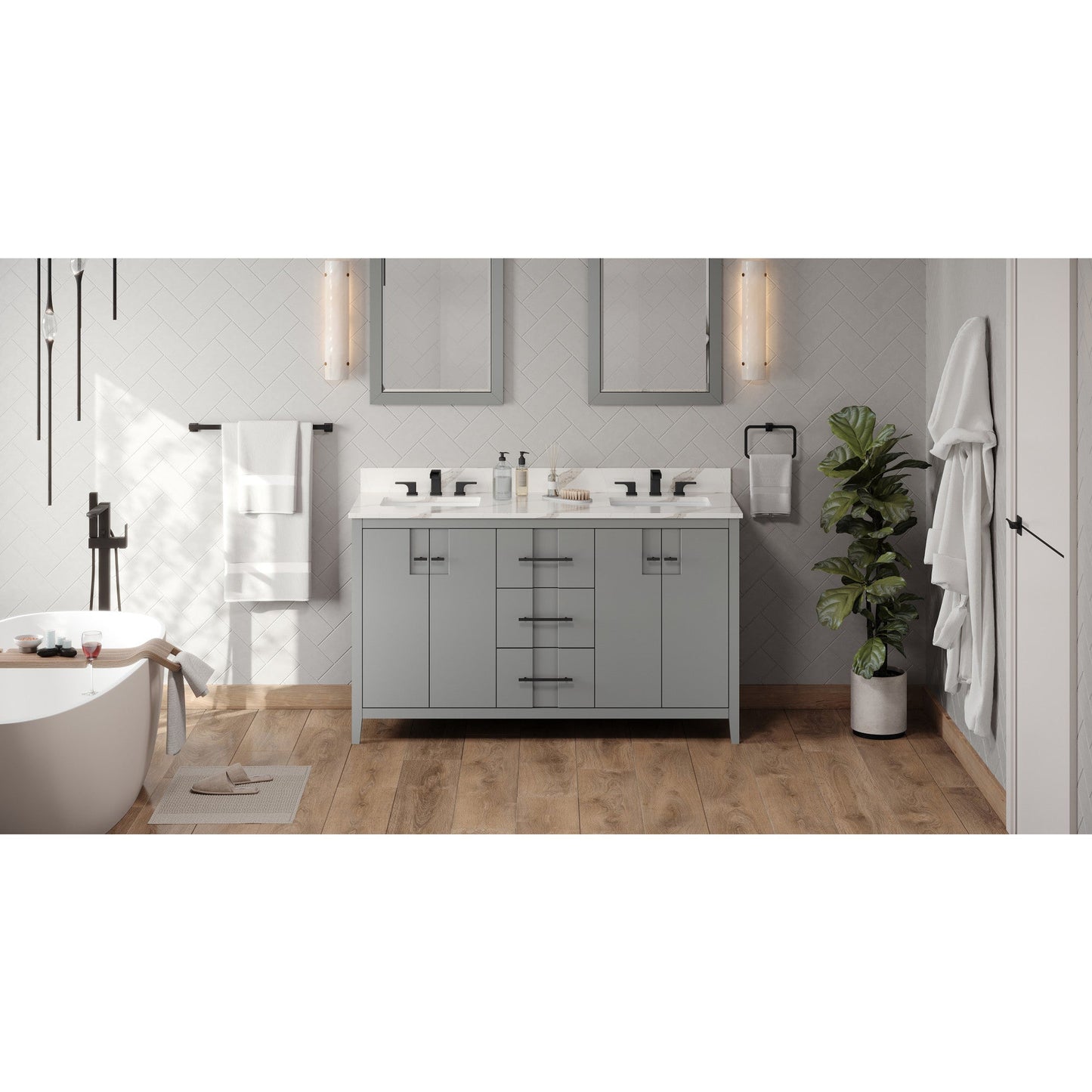 Hardware Resources Jeffrey Alexander Katara 60" Grey Freestanding Vanity With Double Bowl, Calacatta Vienna Quartz Vanity Top, Backsplash and Rectangle Undermount Sink