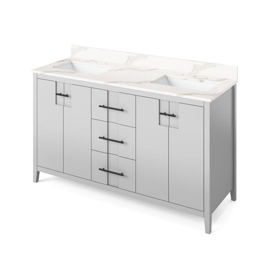 Hardware Resources Jeffrey Alexander Katara 60" Grey Freestanding Vanity With Double Bowl, Calacatta Vienna Quartz Vanity Top, Backsplash and Rectangle Undermount Sink