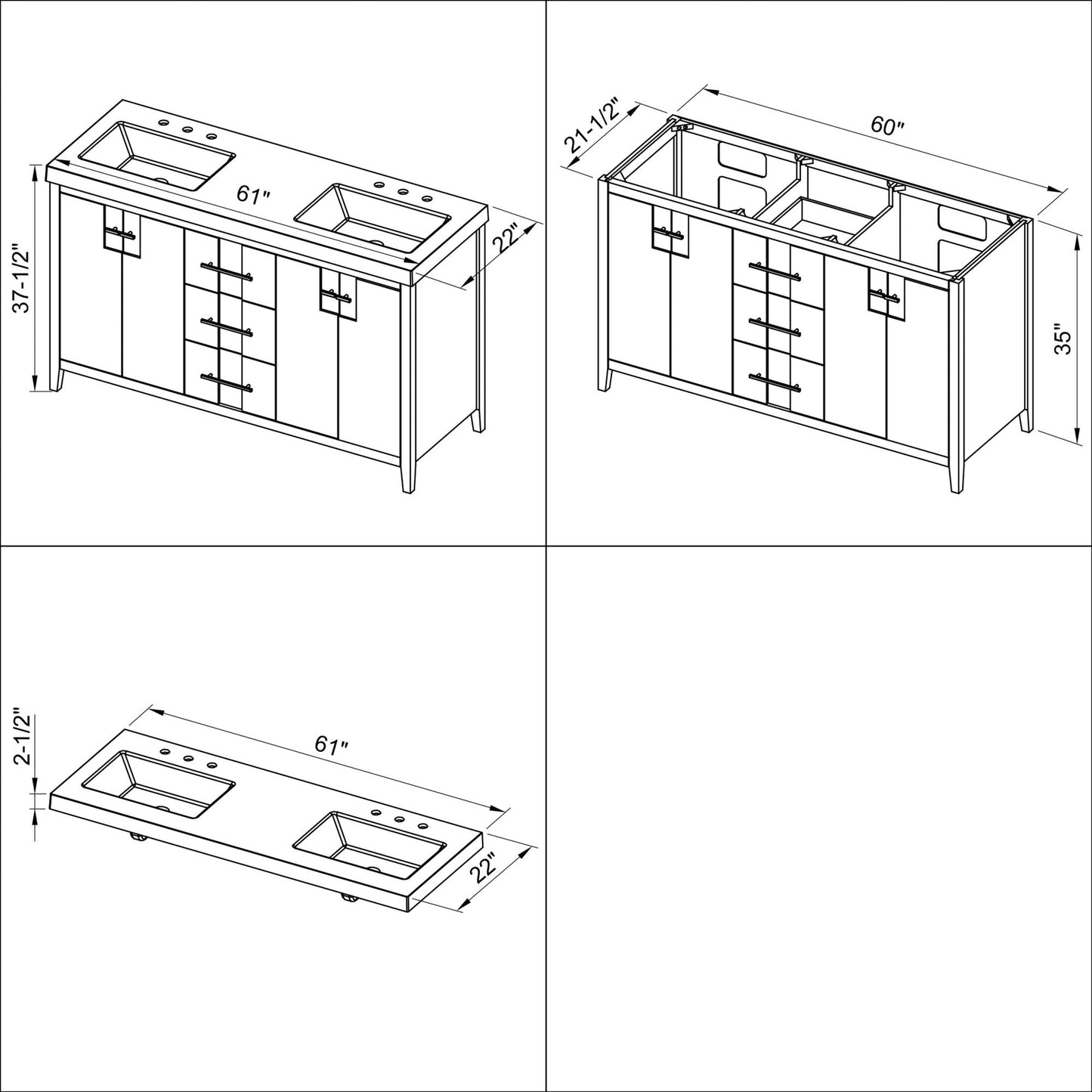 Hardware Resources Jeffrey Alexander Katara 60" Grey Freestanding Vanity With Double Bowl, Lavante Cultured Marble Vessel Vanity Top, Backsplash and Rectangle Undermount Sink