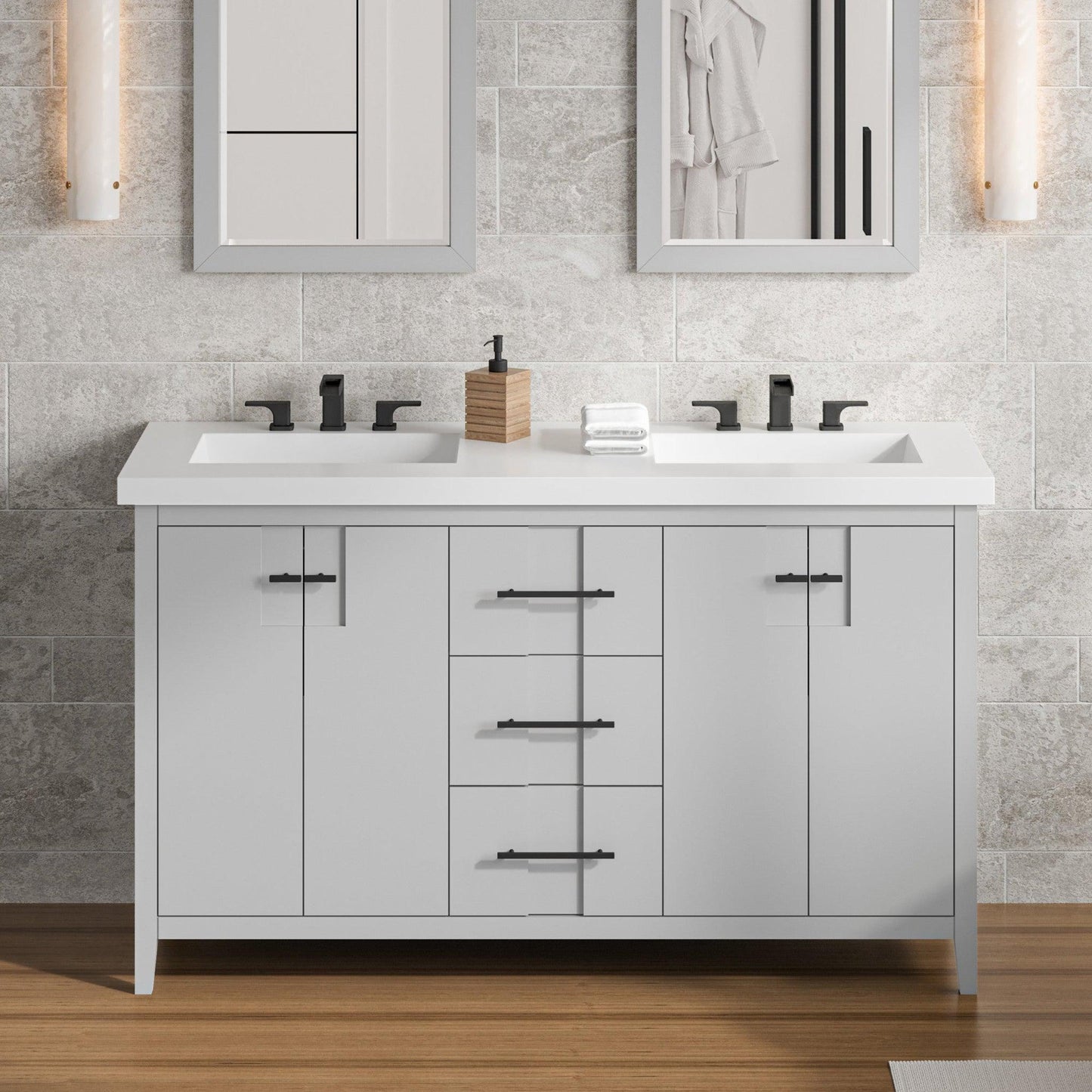 Hardware Resources Jeffrey Alexander Katara 60" Grey Freestanding Vanity With Double Bowl, Lavante Cultured Marble Vessel Vanity Top, Backsplash and Rectangle Undermount Sink