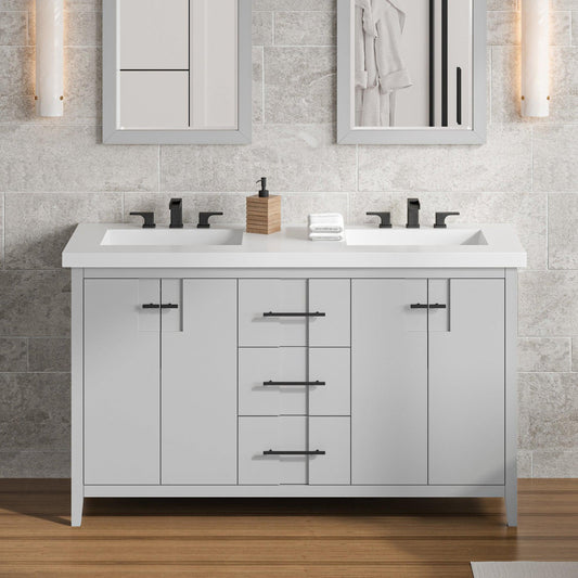 Hardware Resources Jeffrey Alexander Katara 60" Grey Freestanding Vanity With Double Bowl, Lavante Cultured Marble Vessel Vanity Top, Backsplash and Rectangle Undermount Sink