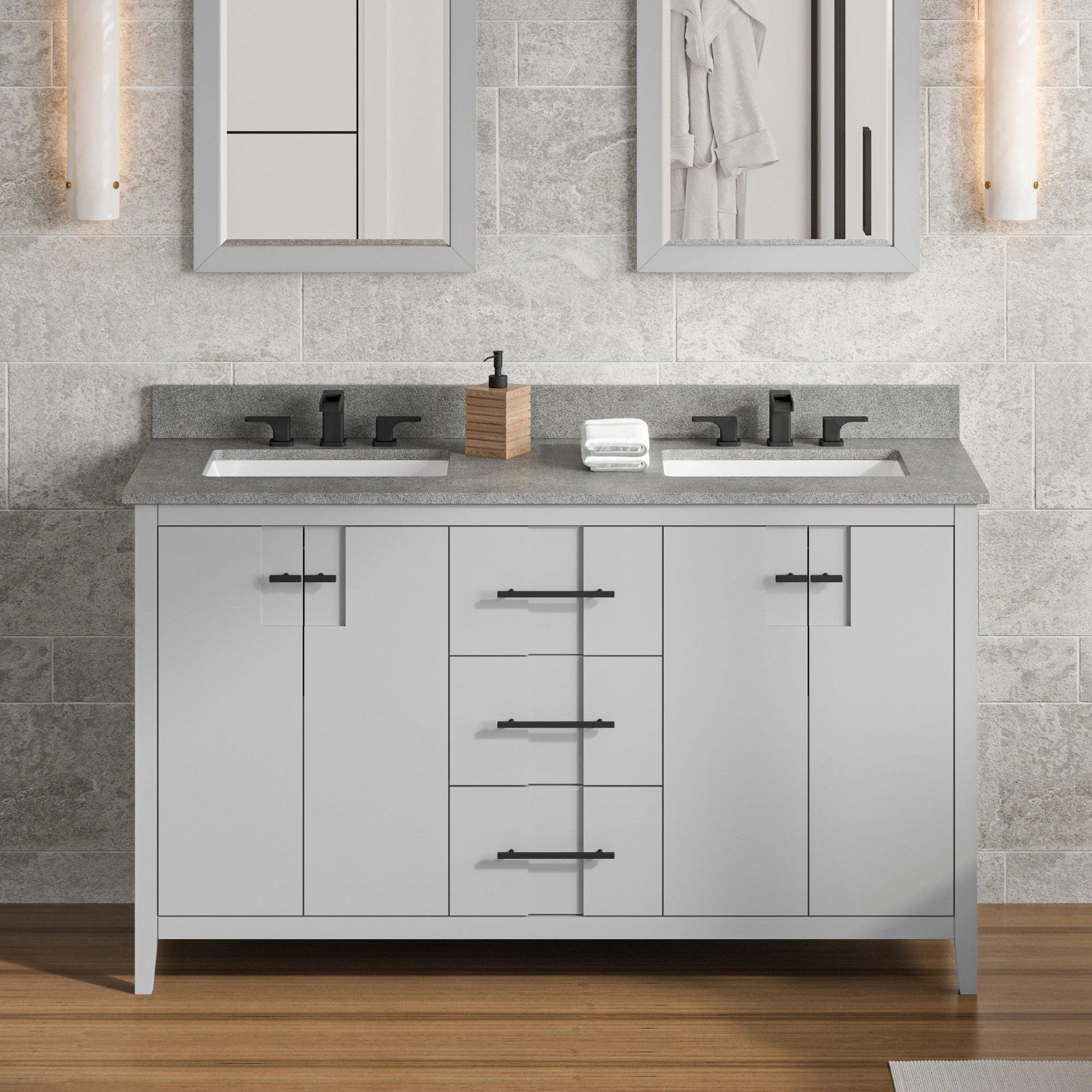 Hardware Resources Jeffrey Alexander Katara 60" Grey Freestanding Vanity With Double Bowl, Steel Gray Cultured Marble Vanity Top, Backsplash and Rectangle Undermount Sink