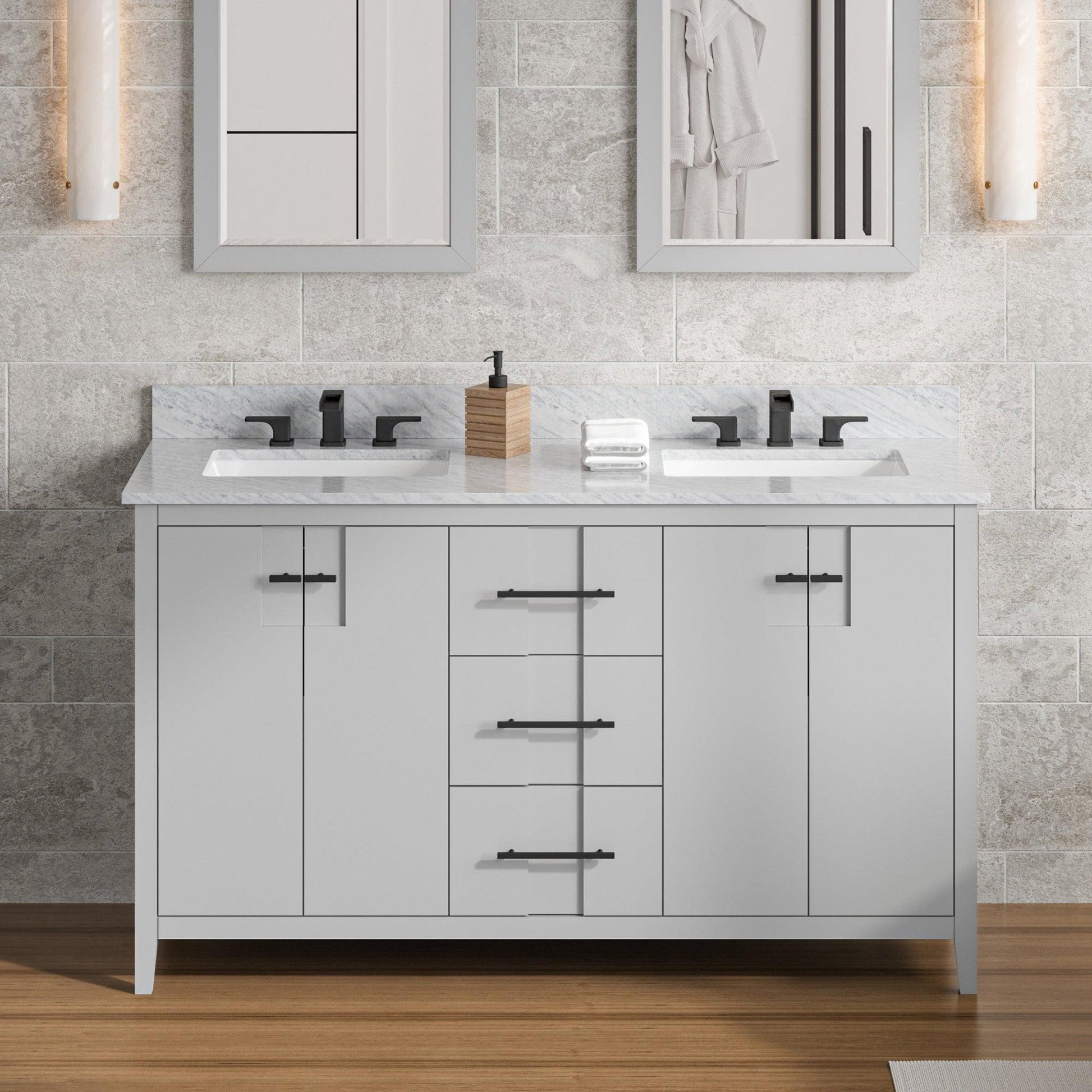 Hardware Resources Jeffrey Alexander Katara 60" Grey Freestanding Vanity With Double Bowl, White Carrara Marble Vanity Top, Backsplash and Rectangle Undermount Sink