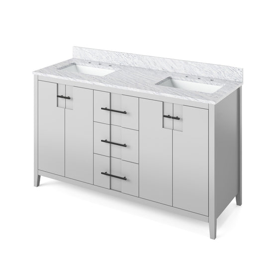 Hardware Resources Jeffrey Alexander Katara 60" Grey Freestanding Vanity With Double Bowl, White Carrara Marble Vanity Top, Backsplash and Rectangle Undermount Sink