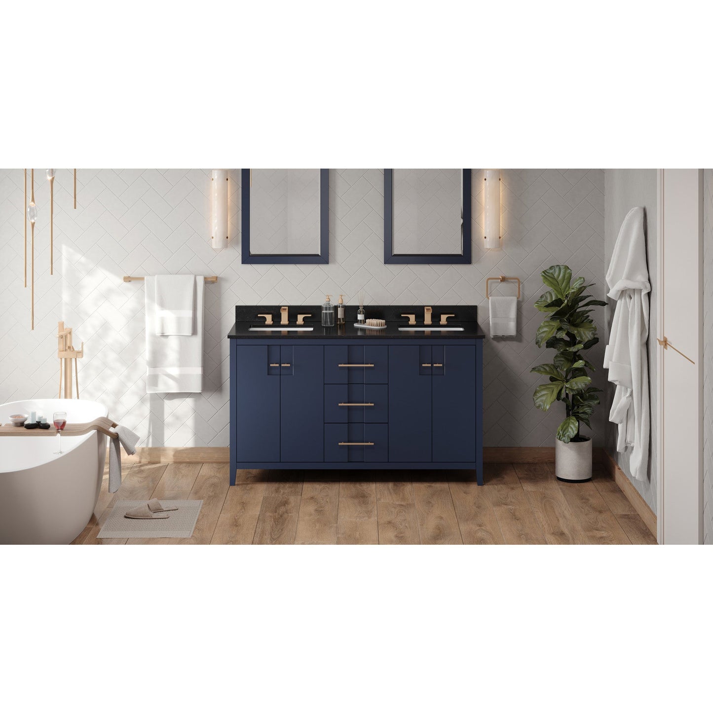 Hardware Resources Jeffrey Alexander Katara 60" Hale Blue Freestanding Vanity With Double Bowl, Black Granite Vanity Top, Backsplash and Rectangle Undermount Sink