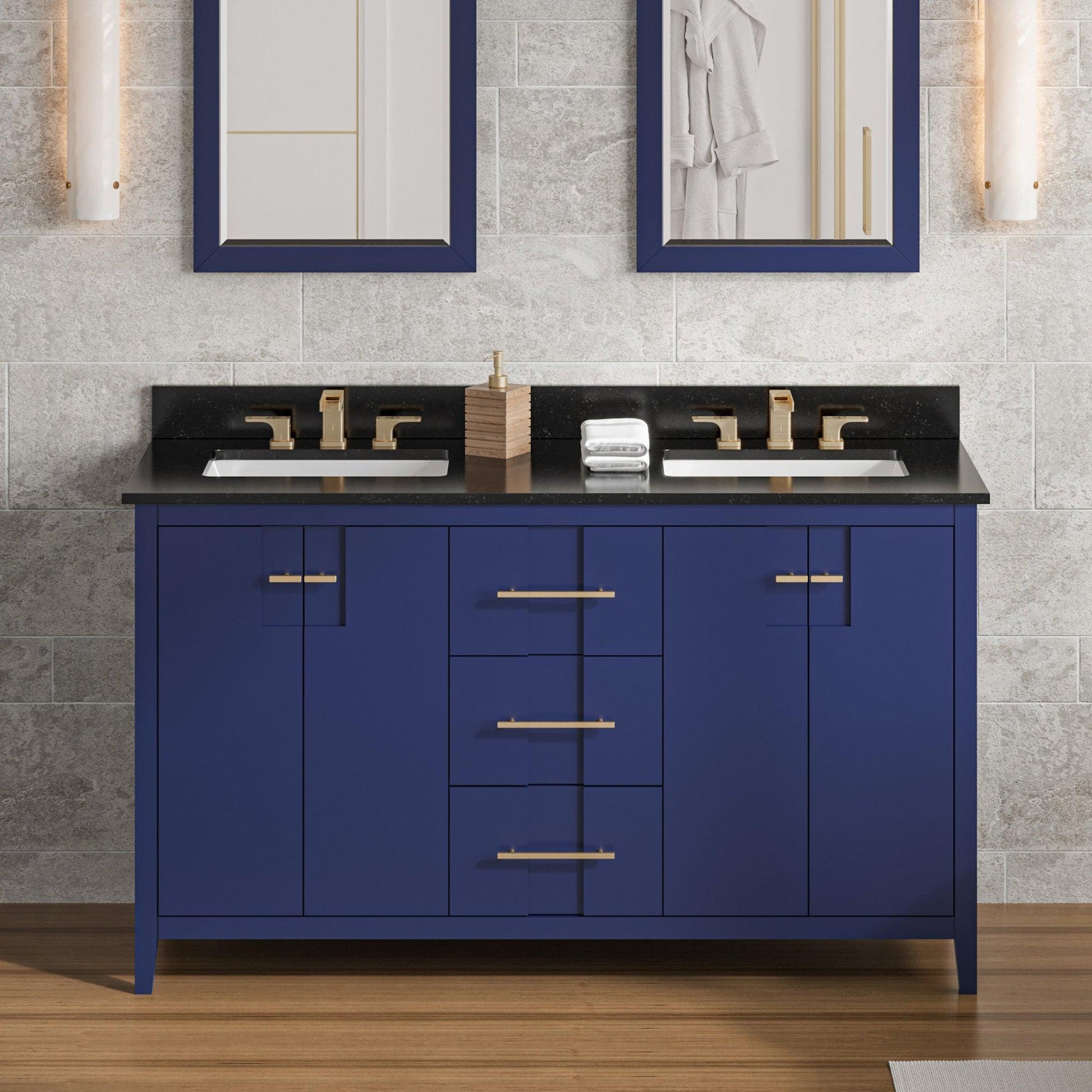 Hardware Resources Jeffrey Alexander Katara 60" Hale Blue Freestanding Vanity With Double Bowl, Black Granite Vanity Top, Backsplash and Rectangle Undermount Sink