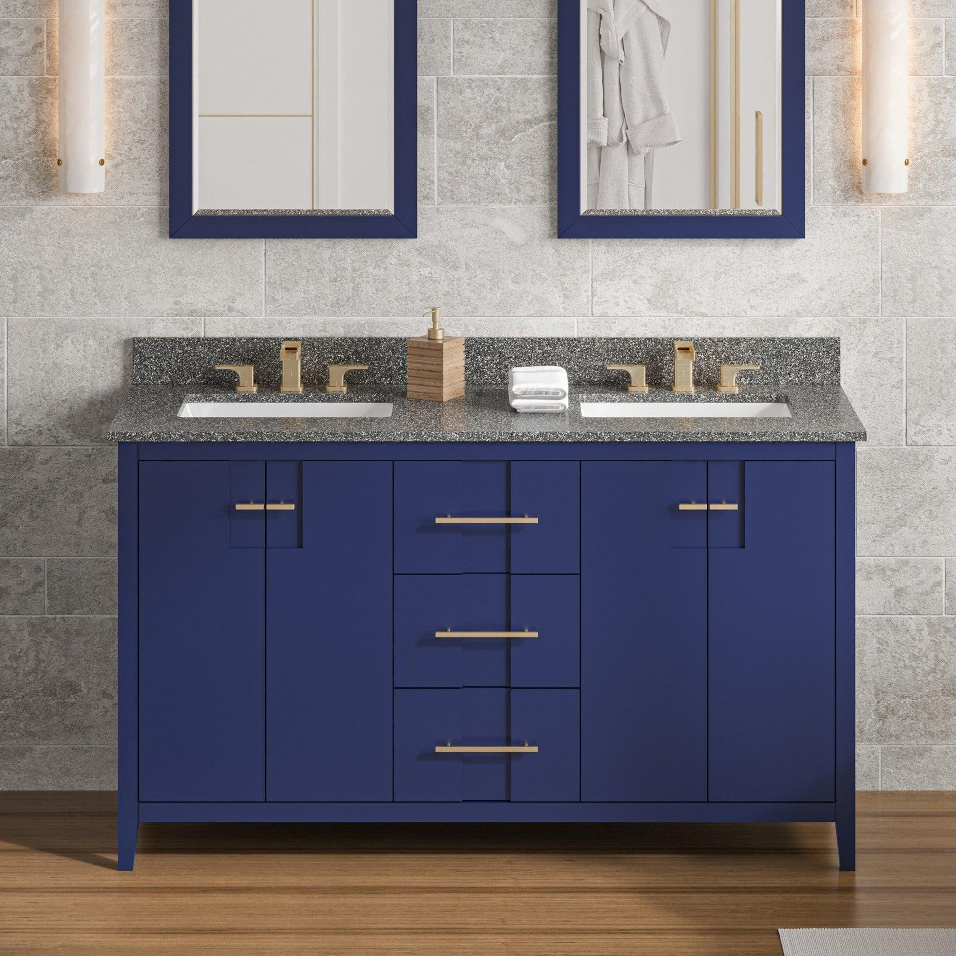 Hardware Resources Jeffrey Alexander Katara 60" Hale Blue Freestanding Vanity With Double Bowl, Boulder Cultured Marble Vanity Top, Backsplash and Rectangle Undermount Sink