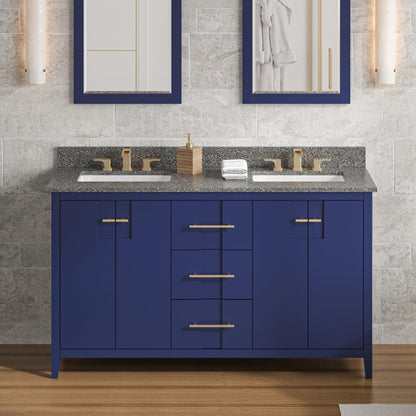 Hardware Resources Jeffrey Alexander Katara 60" Hale Blue Freestanding Vanity With Double Bowl, Boulder Cultured Marble Vanity Top, Backsplash and Rectangle Undermount Sink