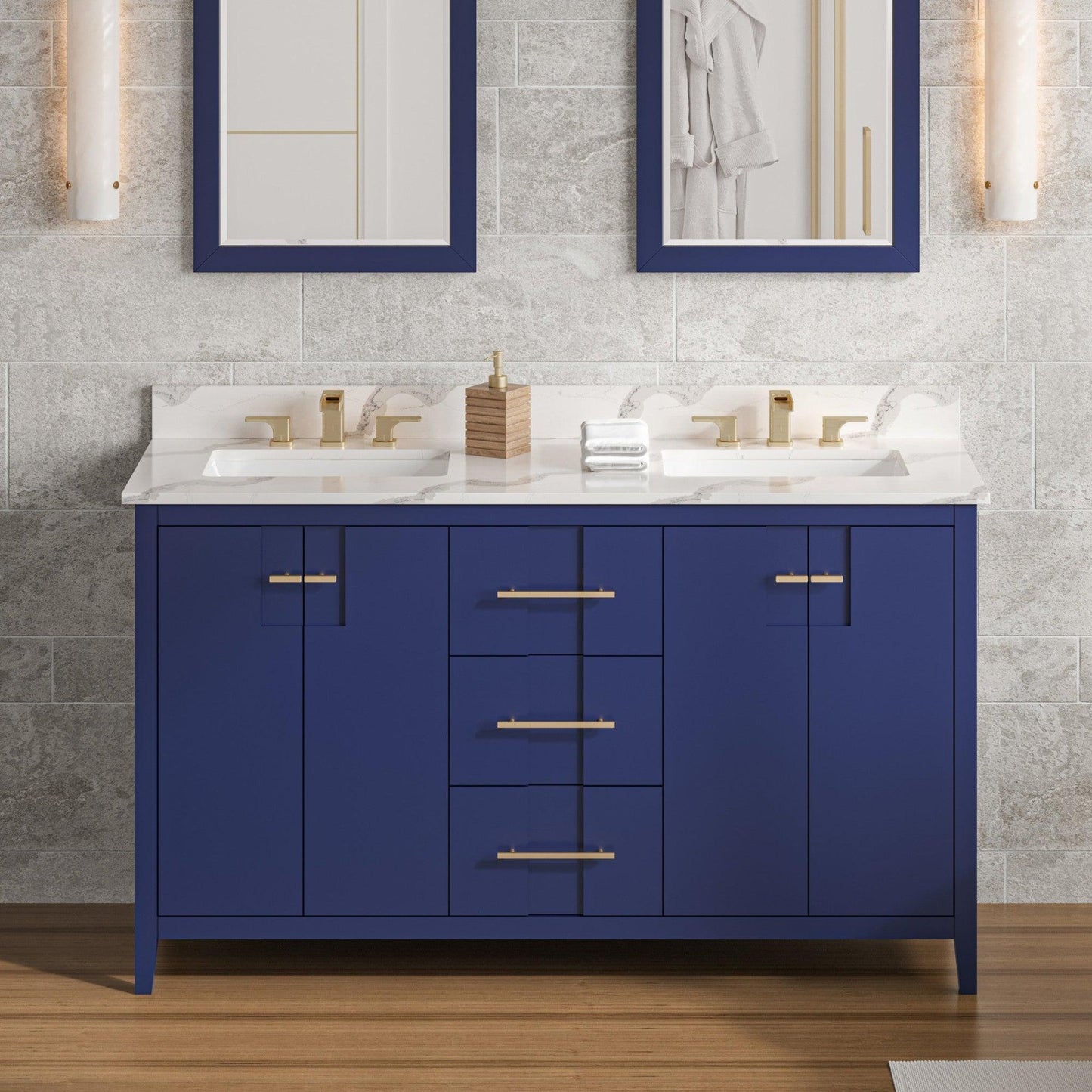 Hardware Resources Jeffrey Alexander Katara 60" Hale Blue Freestanding Vanity With Double Bowl, Calacatta Vienna Quartz Vanity Top, Backsplash and Rectangle Undermount Sink