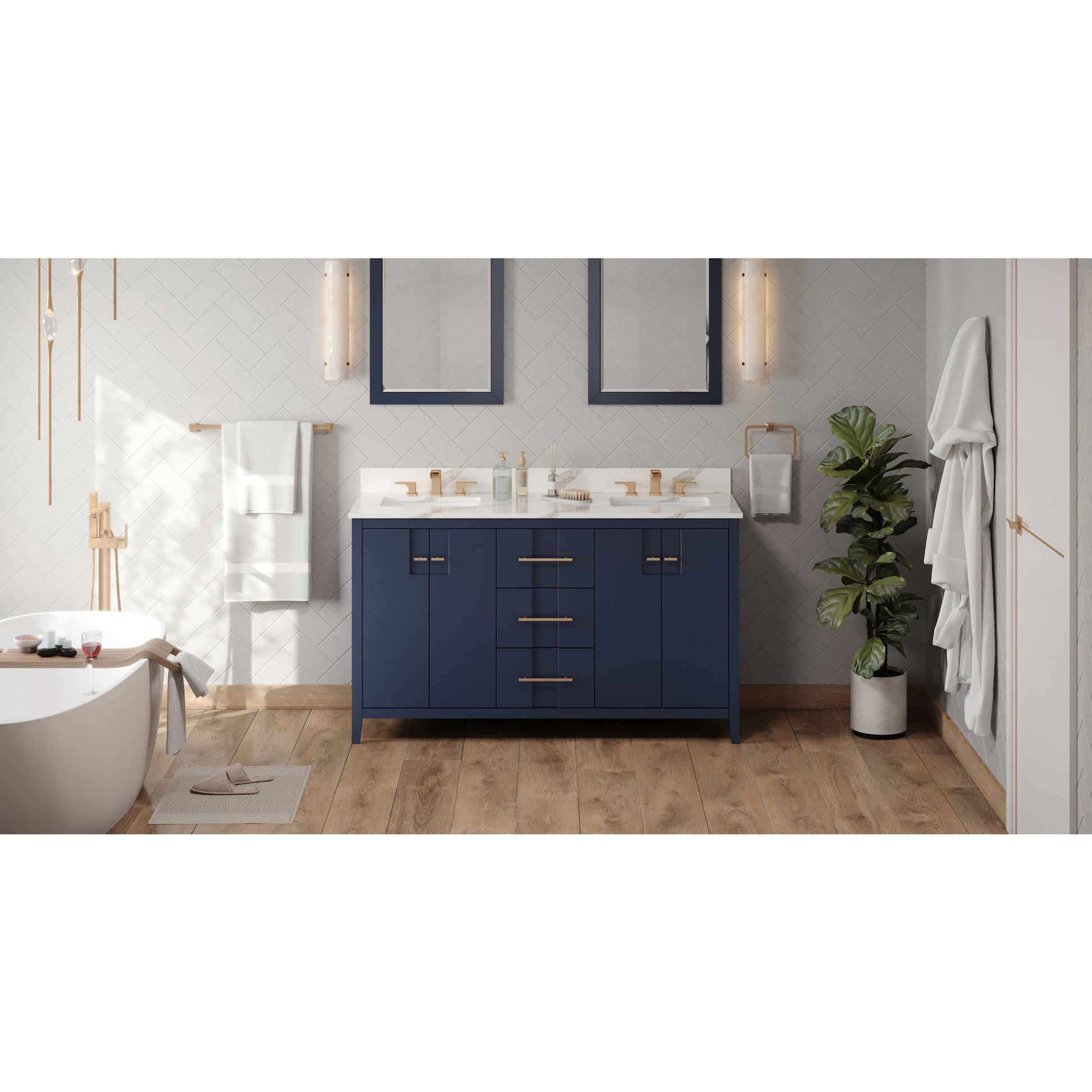 Hardware Resources Jeffrey Alexander Katara 60" Hale Blue Freestanding Vanity With Double Bowl, Calacatta Vienna Quartz Vanity Top, Backsplash and Rectangle Undermount Sink