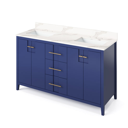 Hardware Resources Jeffrey Alexander Katara 60" Hale Blue Freestanding Vanity With Double Bowl, Calacatta Vienna Quartz Vanity Top, Backsplash and Rectangle Undermount Sink