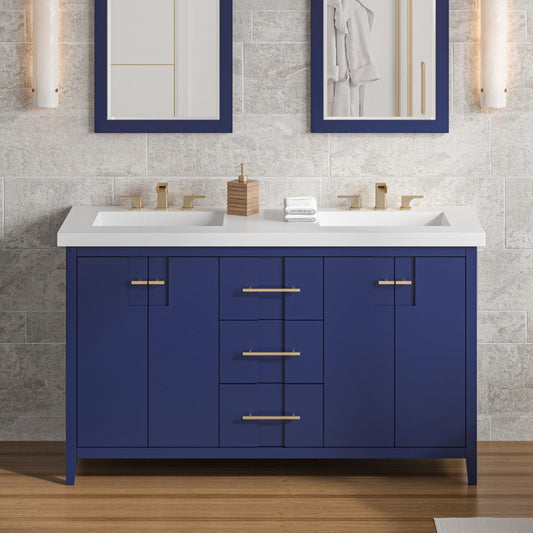 Hardware Resources Jeffrey Alexander Katara 60" Hale Blue Freestanding Vanity With Double Bowl, Lavante Cultured Marble Vessel Vanity Top, Backsplash and Rectangle Undermount Sink