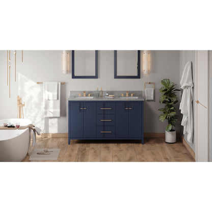 Hardware Resources Jeffrey Alexander Katara 60" Hale Blue Freestanding Vanity With Double Bowl, Steel Gray Cultured Marble Vanity Top, Backsplash and Rectangle Undermount Sink