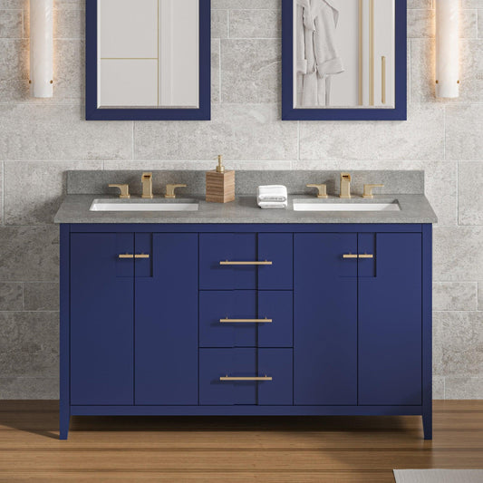 Hardware Resources Jeffrey Alexander Katara 60" Hale Blue Freestanding Vanity With Double Bowl, Steel Gray Cultured Marble Vanity Top, Backsplash and Rectangle Undermount Sink