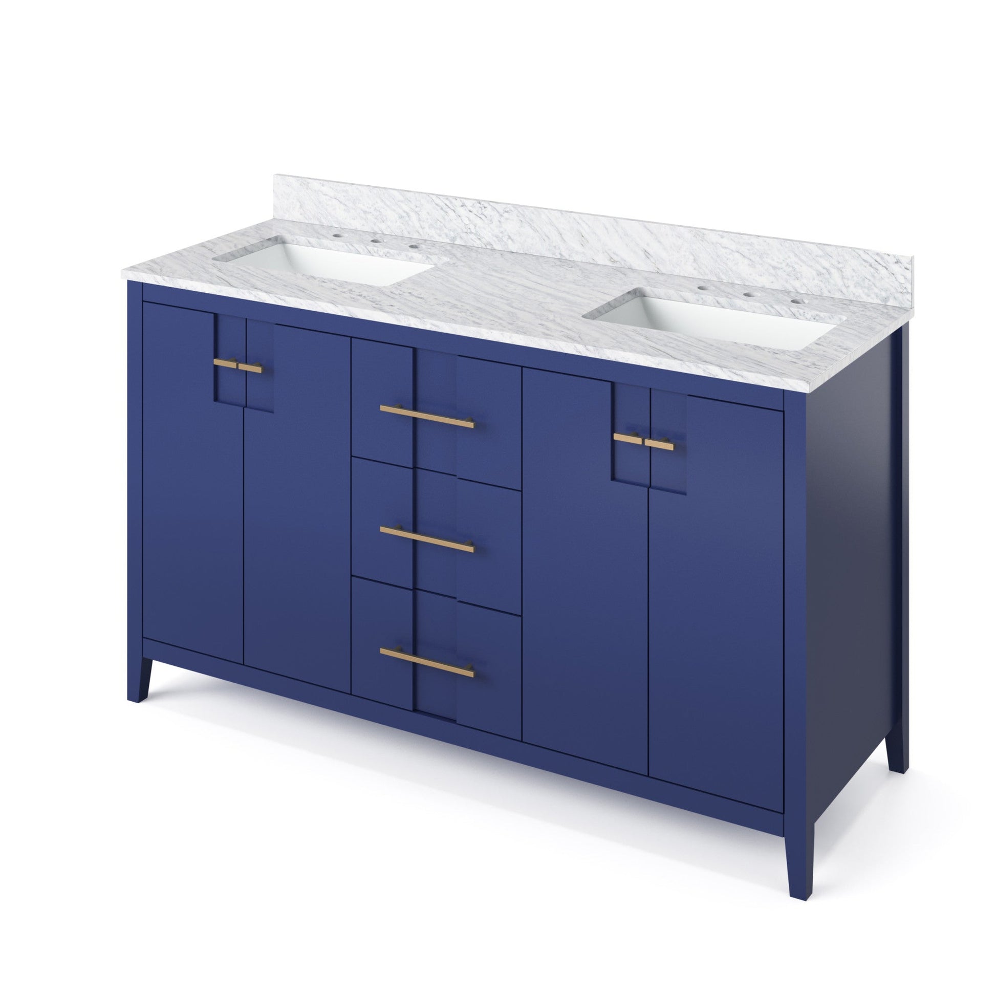 Hardware Resources Jeffrey Alexander Katara 60" Hale Blue Freestanding Vanity With Double Bowl, White Carrara Marble Vanity Top, Backsplash and Rectangle Undermount Sink