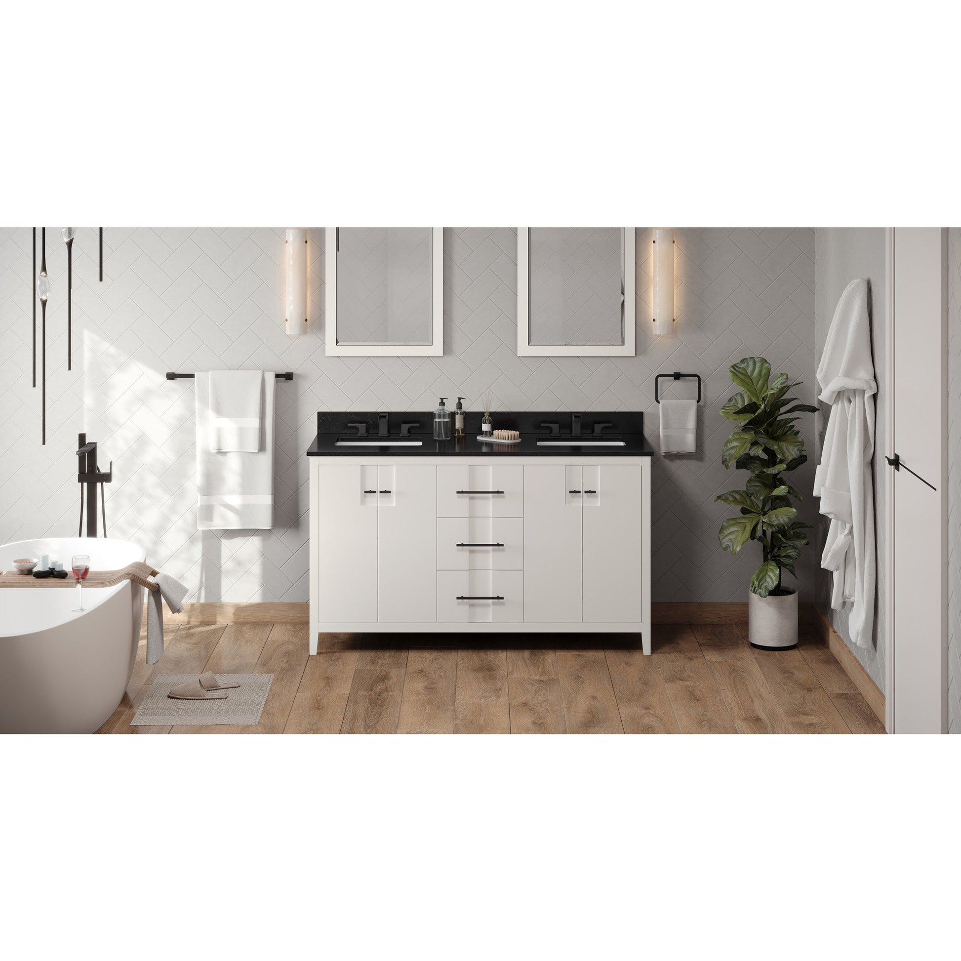 Hardware Resources Jeffrey Alexander Katara 60" White Freestanding Vanity With Double Bowl, Black Granite Vanity Top, Backsplash and Rectangle Undermount Sink