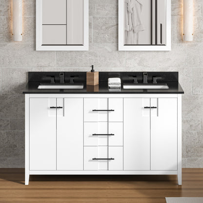 Hardware Resources Jeffrey Alexander Katara 60" White Freestanding Vanity With Double Bowl, Black Granite Vanity Top, Backsplash and Rectangle Undermount Sink