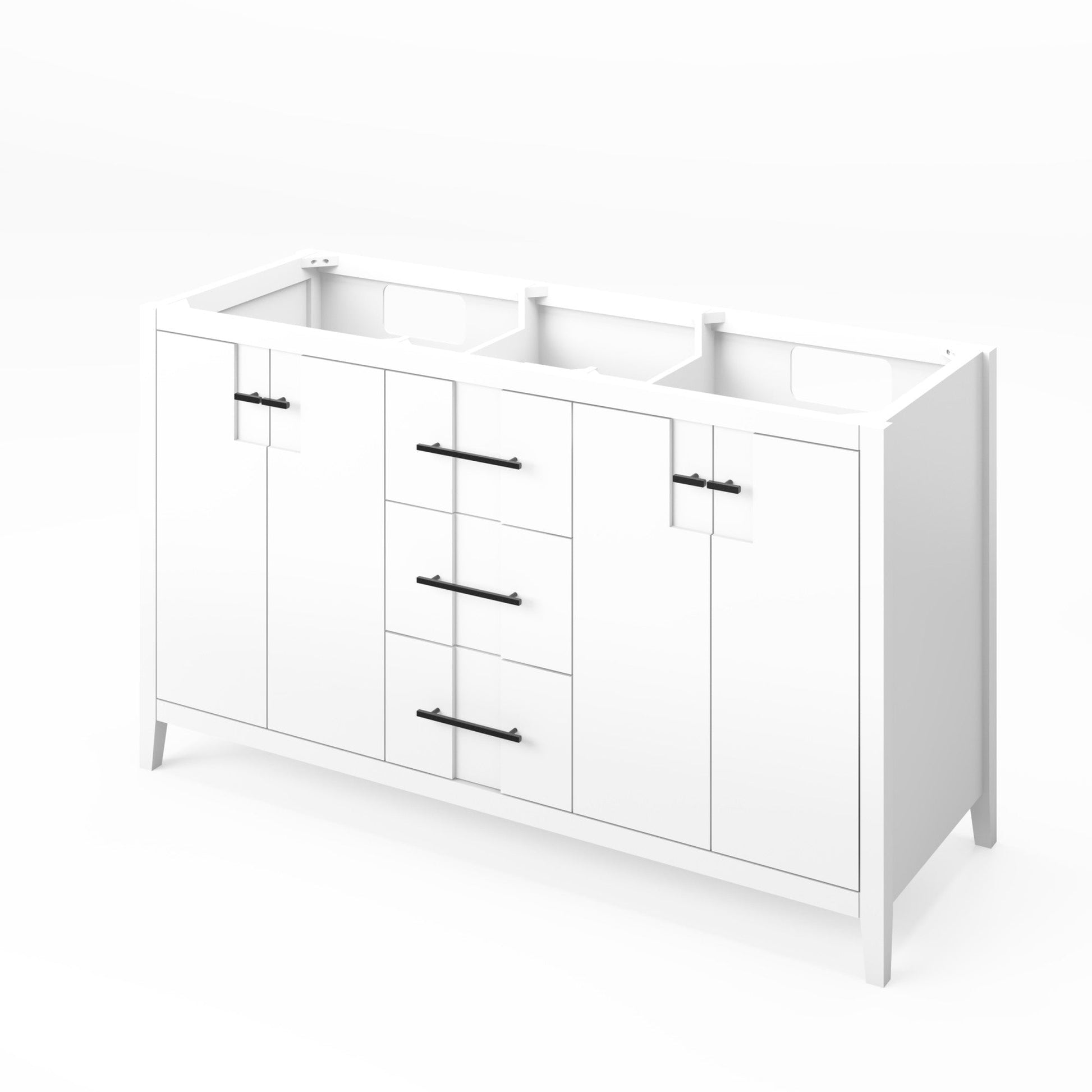 Hardware Resources Jeffrey Alexander Katara 60" White Freestanding Vanity With Double Bowl, Boulder Cultured Marble Vanity Top, Backsplash and Rectangle Undermount Sink