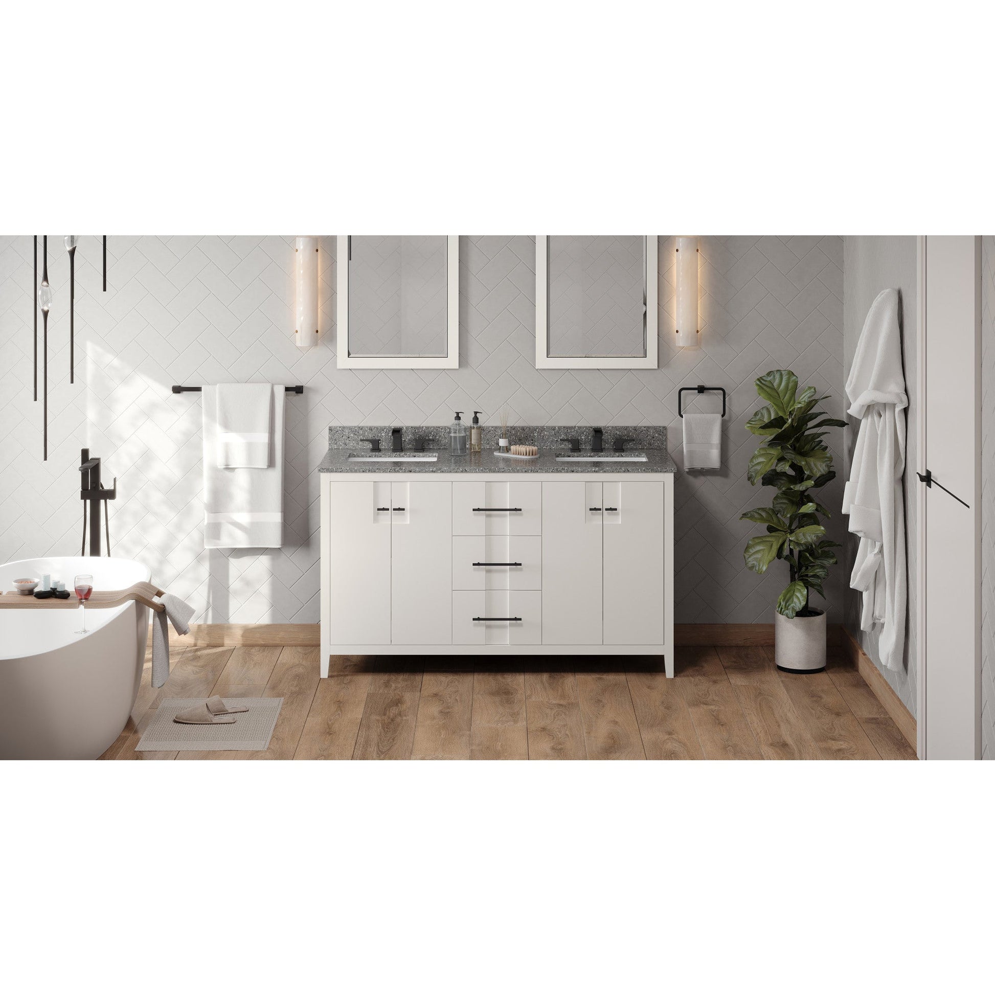 Hardware Resources Jeffrey Alexander Katara 60" White Freestanding Vanity With Double Bowl, Boulder Cultured Marble Vanity Top, Backsplash and Rectangle Undermount Sink