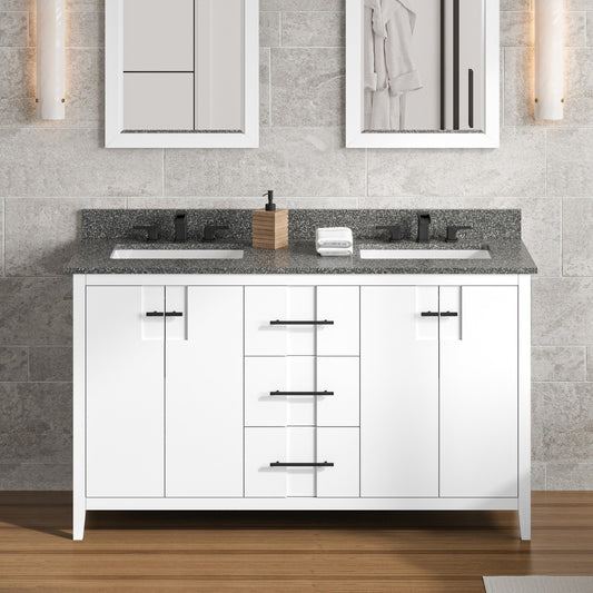 Hardware Resources Jeffrey Alexander Katara 60" White Freestanding Vanity With Double Bowl, Boulder Cultured Marble Vanity Top, Backsplash and Rectangle Undermount Sink