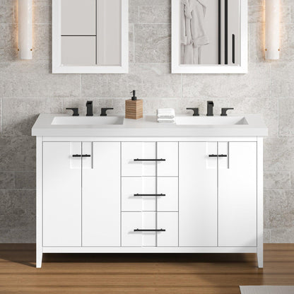 Hardware Resources Jeffrey Alexander Katara 60" White Freestanding Vanity With Double Bowl, Calacatta Vienna Quartz Vanity Top, Backsplash and Rectangle Undermount Sink