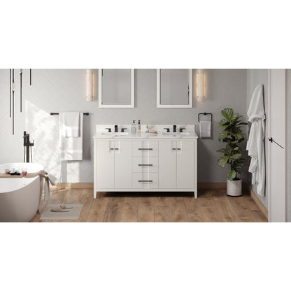 Hardware Resources Jeffrey Alexander Katara 60" White Freestanding Vanity With Double Bowl, Calacatta Vienna Quartz Vanity Top, Backsplash and Rectangle Undermount Sink