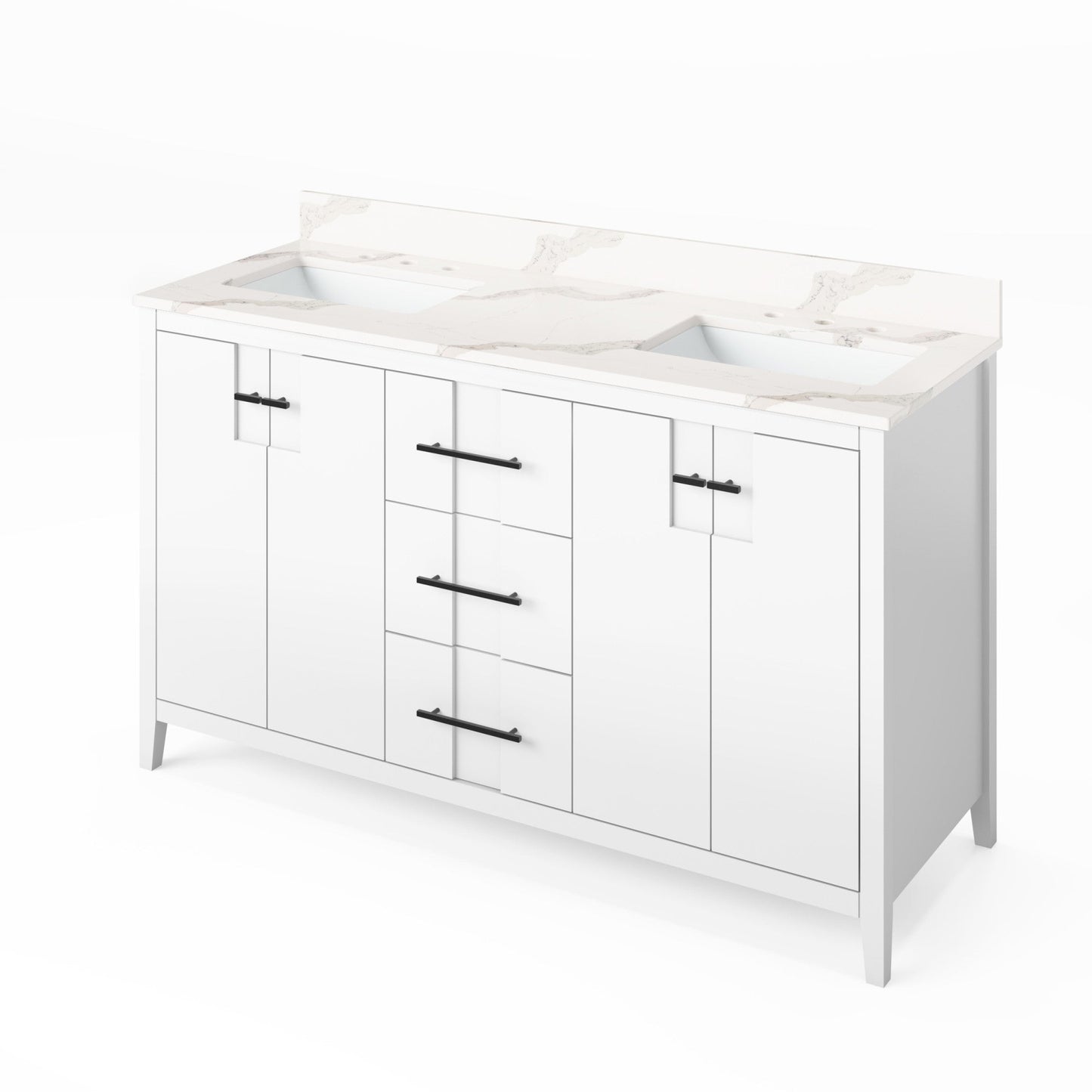 Hardware Resources Jeffrey Alexander Katara 60" White Freestanding Vanity With Double Bowl, Calacatta Vienna Quartz Vanity Top, Backsplash and Rectangle Undermount Sink