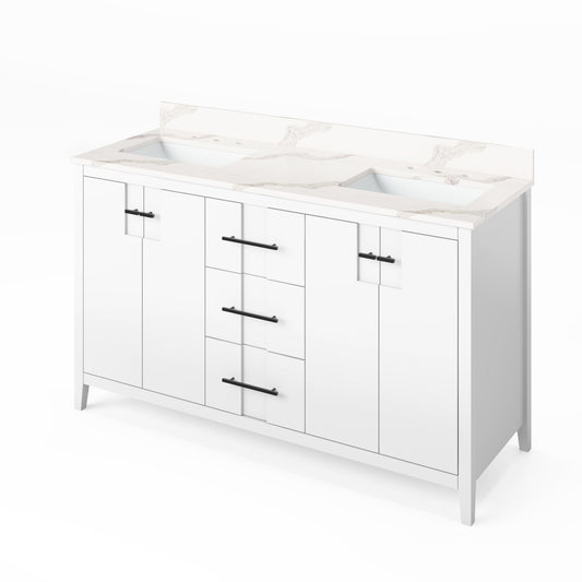 Hardware Resources Jeffrey Alexander Katara 60" White Freestanding Vanity With Double Bowl, Calacatta Vienna Quartz Vanity Top, Backsplash and Rectangle Undermount Sink