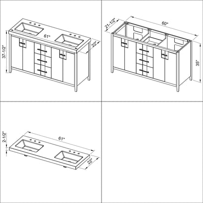 Hardware Resources Jeffrey Alexander Katara 60" White Freestanding Vanity With Double Bowl, Lavante Cultured Marble Vessel Vanity Top, Backsplash and Rectangle Undermount Sink