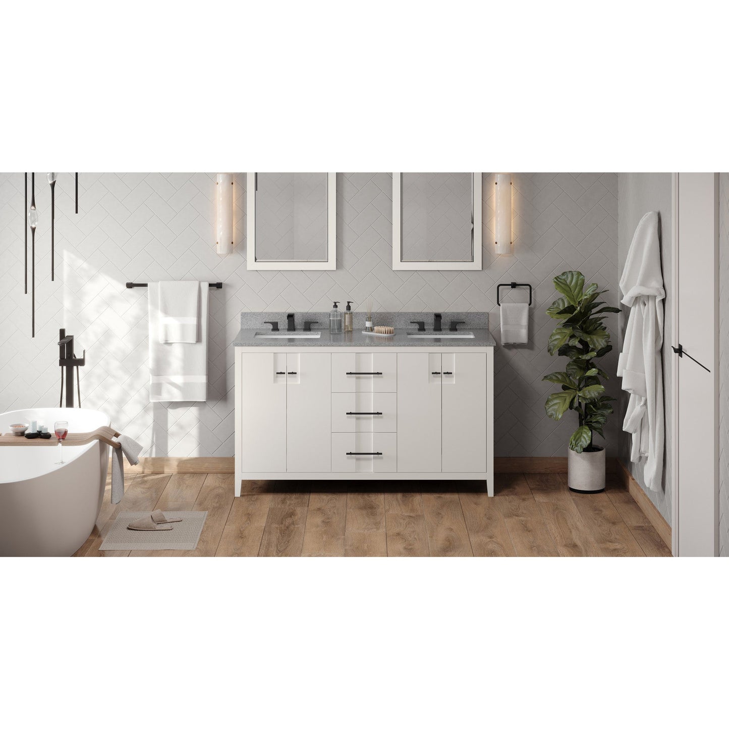 Hardware Resources Jeffrey Alexander Katara 60" White Freestanding Vanity With Double Bowl, Steel Gray Cultured Marble Vanity Top, Backsplash and Rectangle Undermount Sink