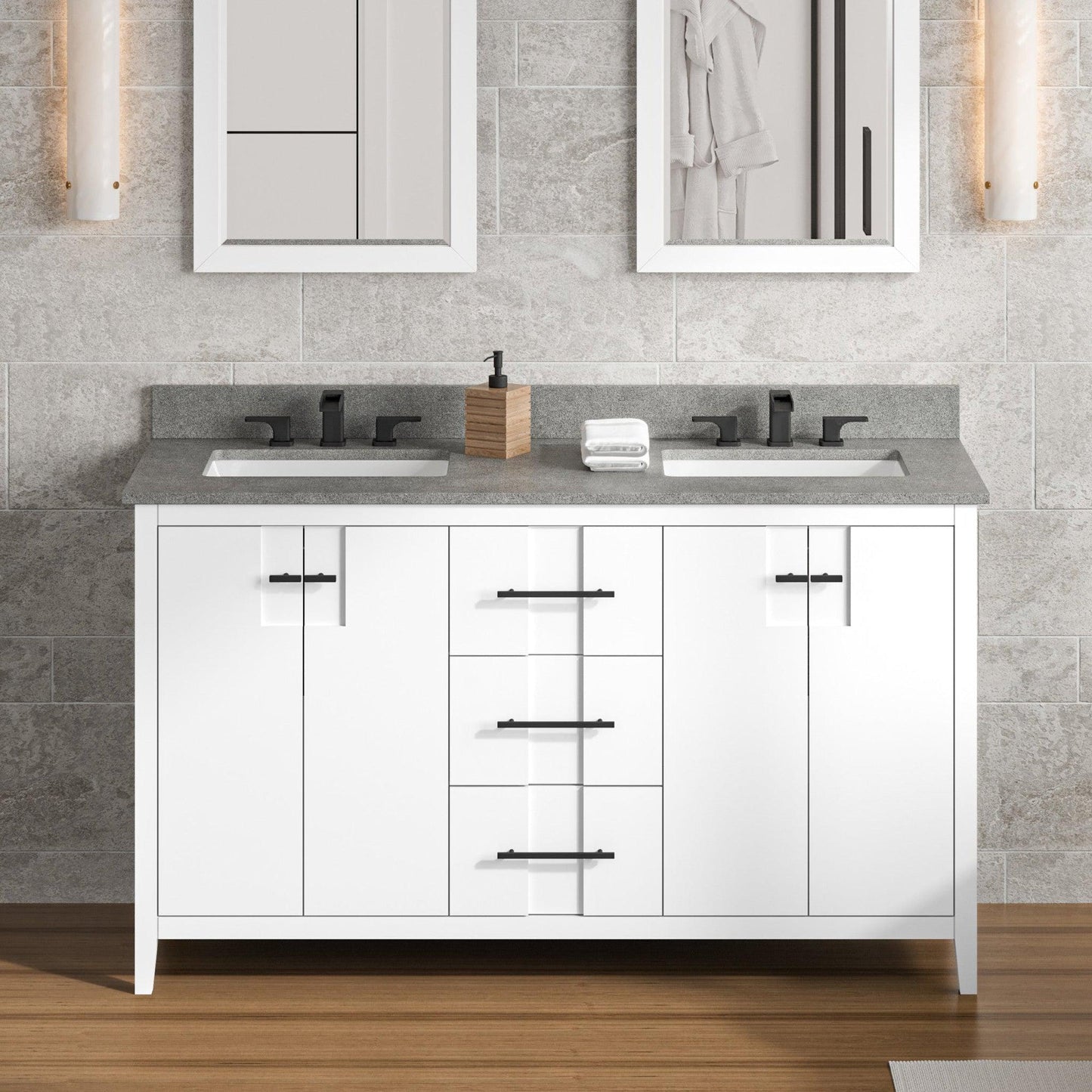 Hardware Resources Jeffrey Alexander Katara 60" White Freestanding Vanity With Double Bowl, Steel Gray Cultured Marble Vanity Top, Backsplash and Rectangle Undermount Sink