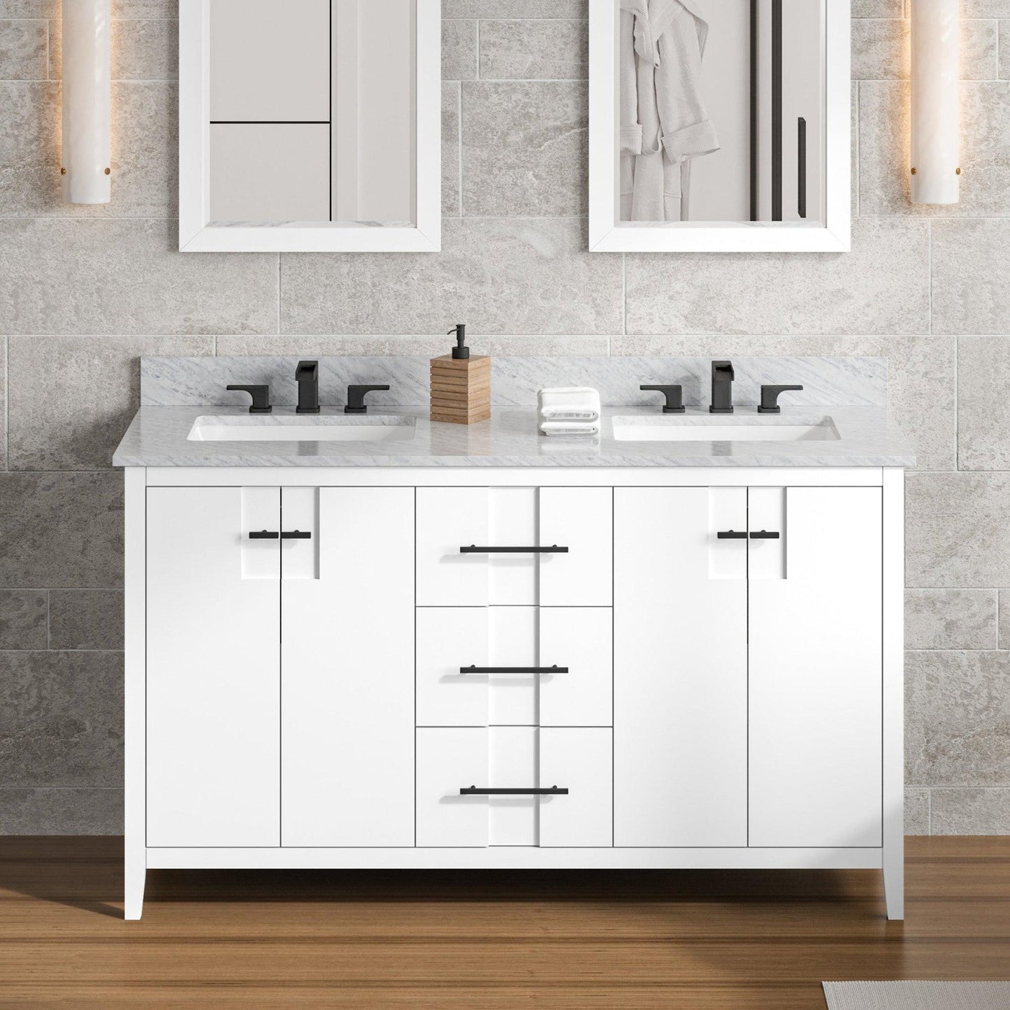 Hardware Resources Jeffrey Alexander Katara 60" White Freestanding Vanity With Double Bowl, White Carrara Marble Vanity Top, Backsplash and Rectangle Undermount Sink