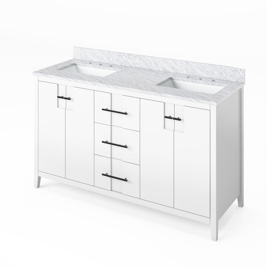 Hardware Resources Jeffrey Alexander Katara 60" White Freestanding Vanity With Double Bowl, White Carrara Marble Vanity Top, Backsplash and Rectangle Undermount Sink